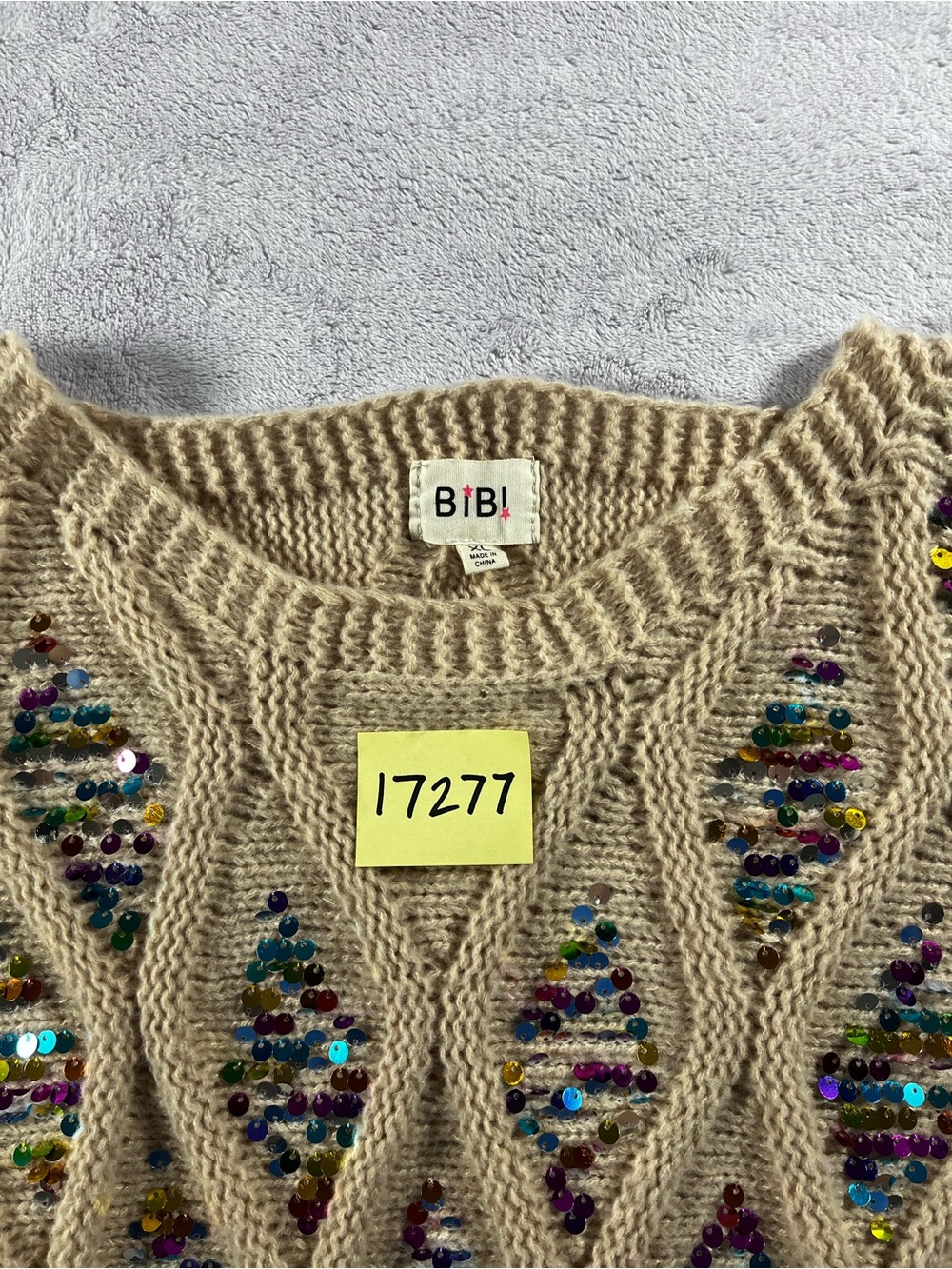 Bibi Beige Cable Knit Sweater with Multicolor Inset Multicolor Sequins Size XL - Picture 15 of 15